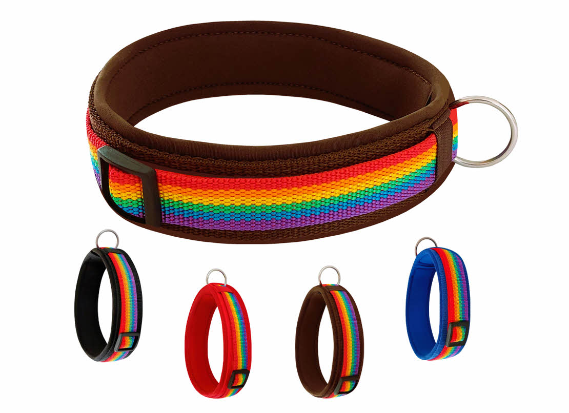 Hundehalsband-extra-breit-neoprenpolster-regenbogen-auf-braun