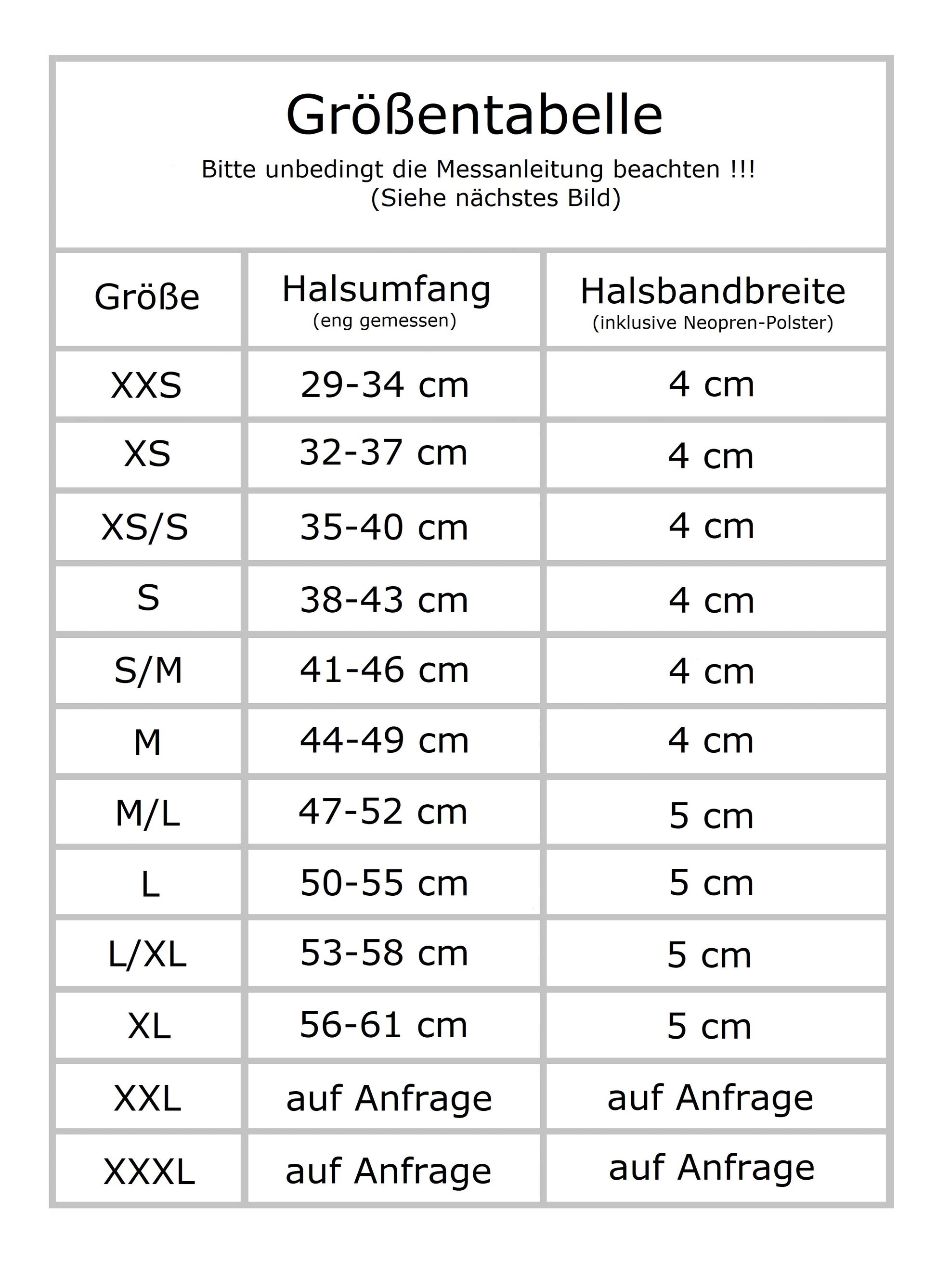 Größentabelle Hundehalsband extra-breit mit Neopren-Polster