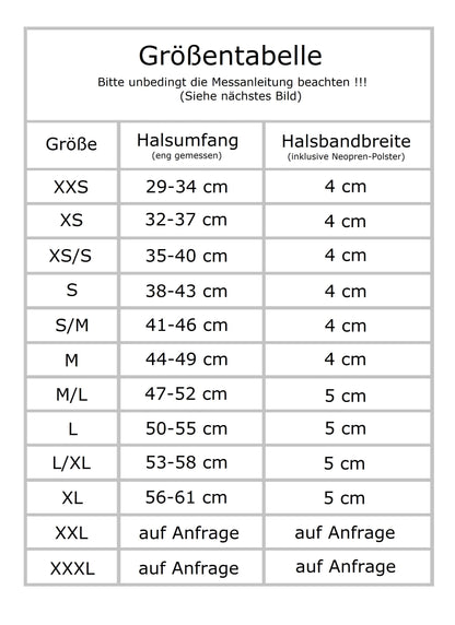 Größentabelle Hundehalsband extra-breit mit Neopren-Polster