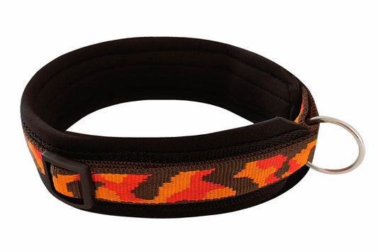 Hundehalsband-extra-breit-neopren-polster-dunkelbraun-orange-rot-camouflage