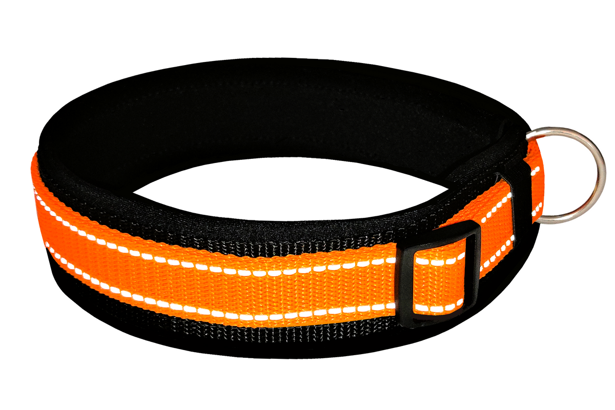 hundehalsband-breit-neopren-polster-reflektor-orange-schwarz