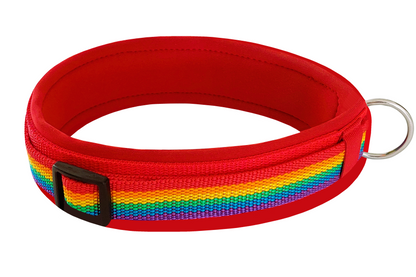 Hundehalsband-extra-breit-neoprenpolster-regenbogen-auf-rot