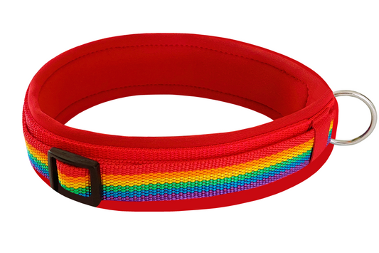 Hundehalsband-extra-breit-neoprenpolster-regenbogen-auf-rot