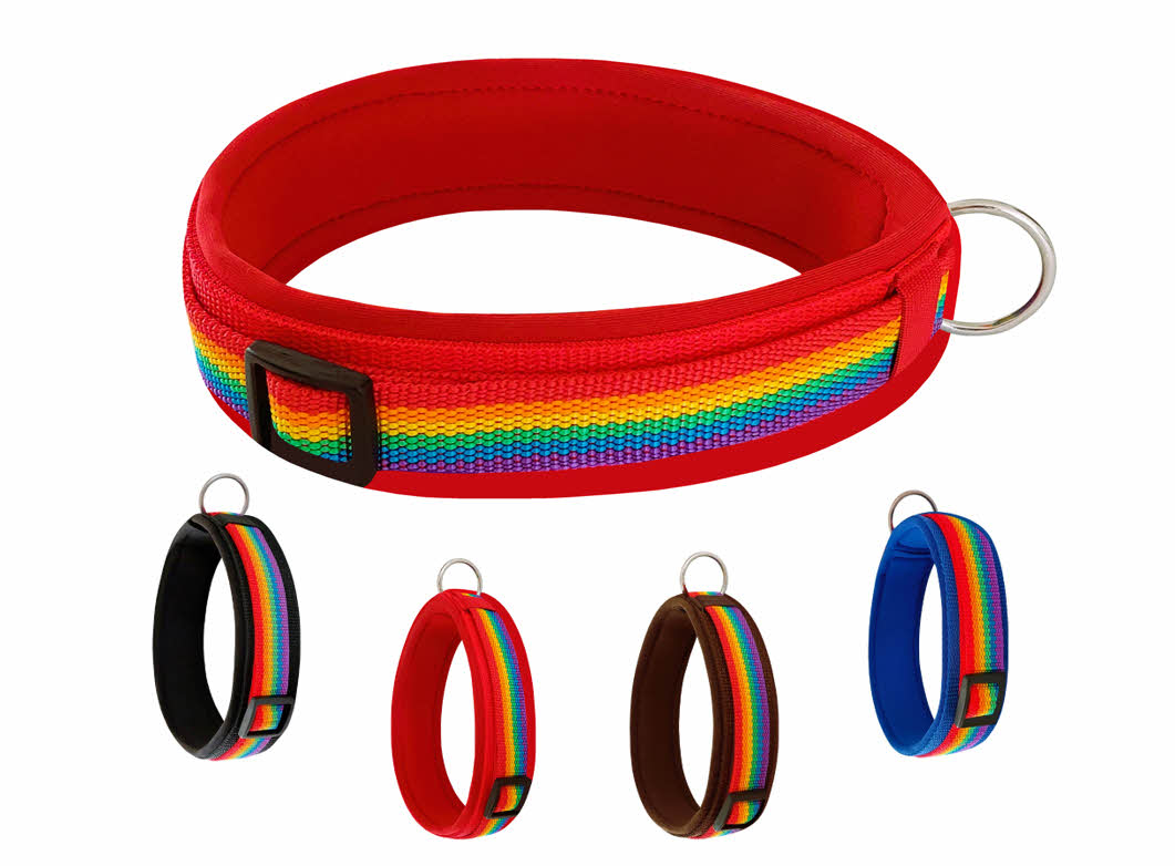 Hundehalsband-extra-breit-neoprenpolster-regenbogen-auf-rot