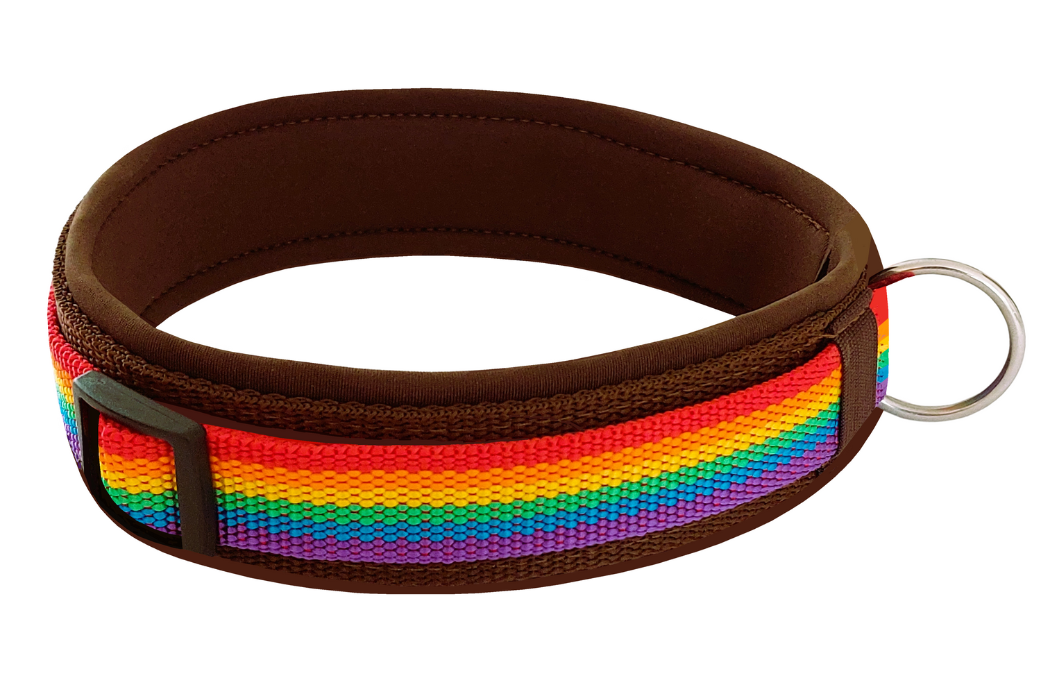 Hundehalsband-extra-breit-neoprenpolster-regenbogen-auf-braun