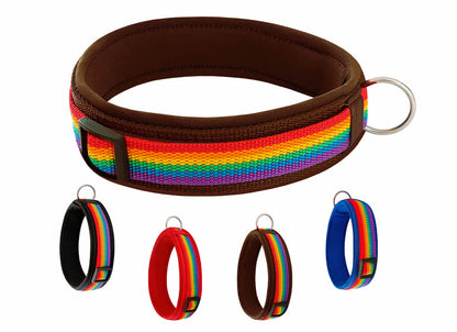 Hundehalsband-extra-breit-neoprenpolster-regenbogen-auf-braun