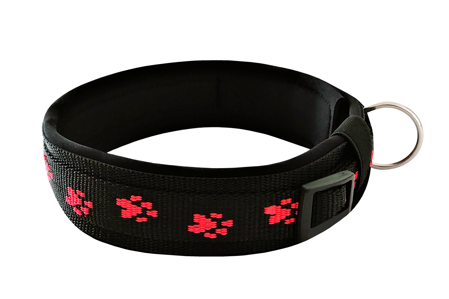 Pfötchen-Hundehalsband-extra-breit-neopren-polster-schwarz-rot