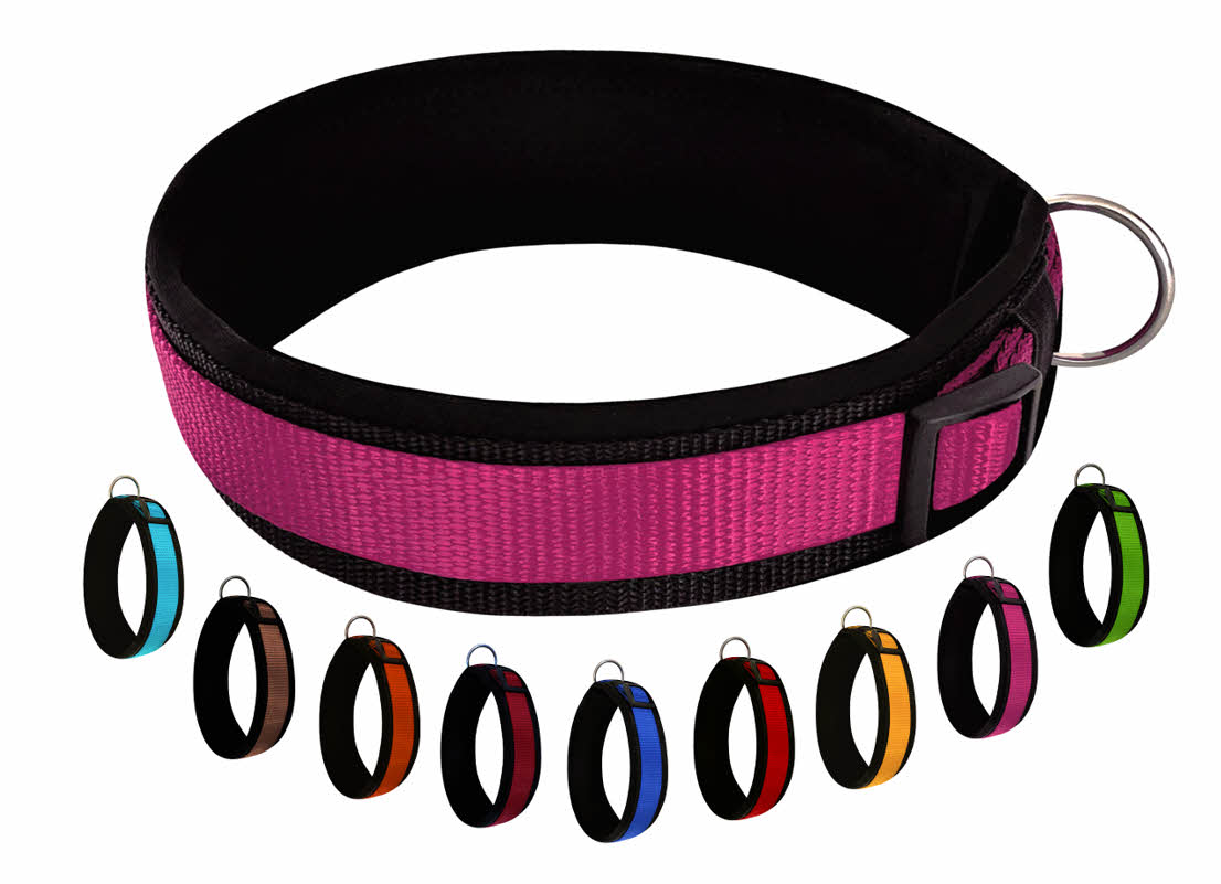 hundehalsband extra-breit neopren-polster pink-auf-schwarz